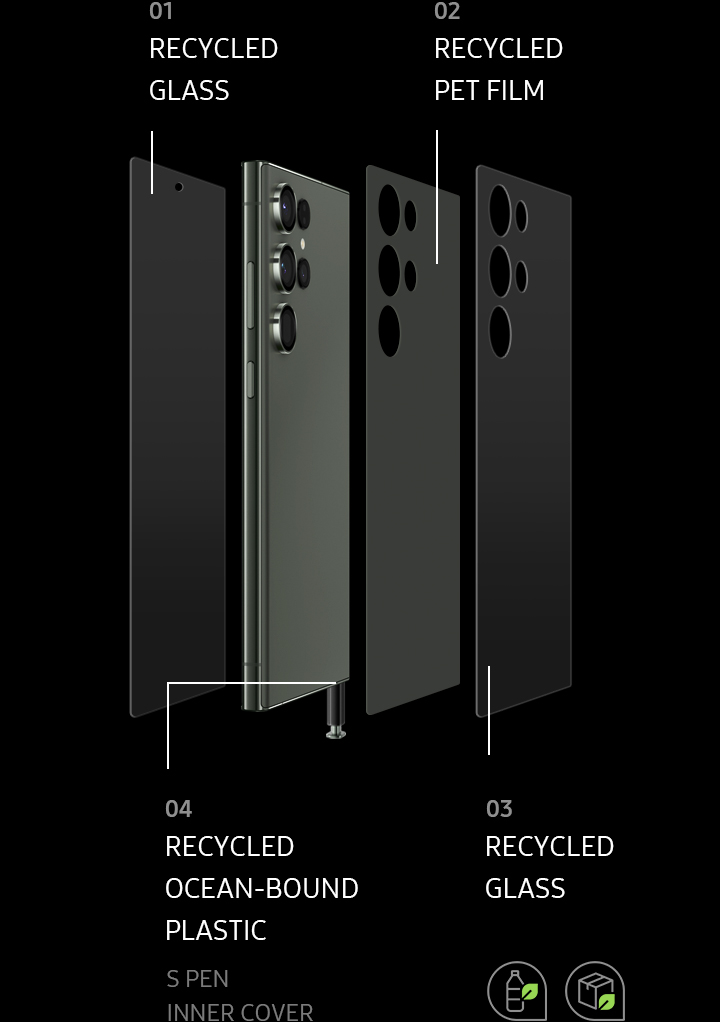 Galaxy S23 Ultra materials are layered to show the use of recycled glass, PET film and ocean-bound plastic in the S Pen inner cover.