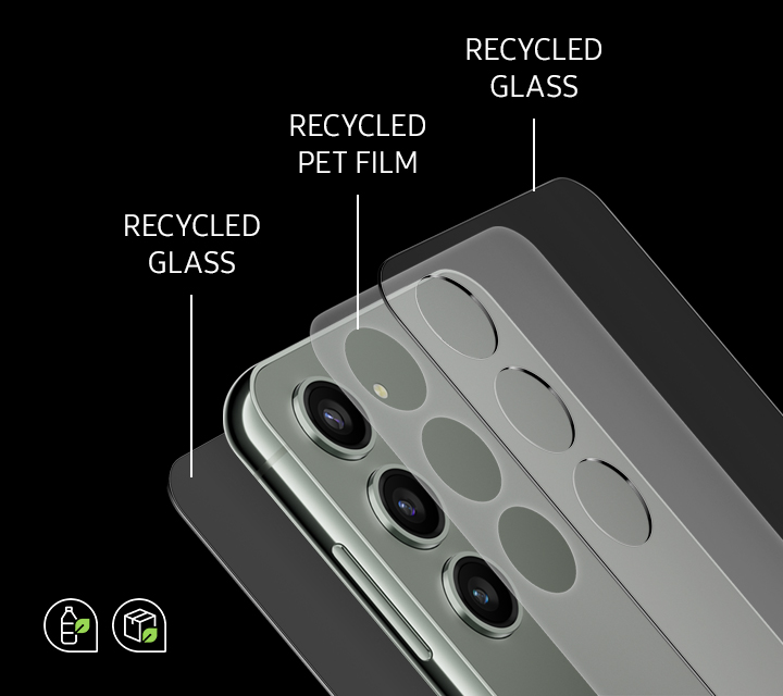 Galaxy S23 materials are layered to show the use of recycled glass and PET film.