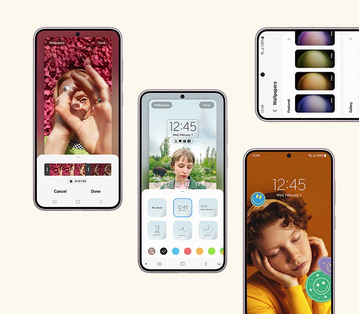 Four Galaxy S23 plus devices seen from the front. In one, a video editor is open to create video playback on the lock screen. Next, the clock style and location is being modified. Next, a selection of wallpapers. Next, a customized Lock Screen with stickers applied.