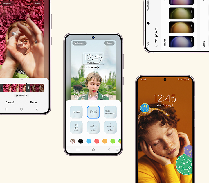 Four Galaxy S23 plus devices seen from the front. In one, a video editor is open to create video playback on the lock screen. Next, the clock style and location is being modified. Next, a selection of wallpapers. Next, a customized Lock Screen with stickers applied.