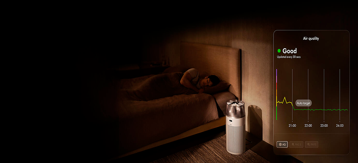Purificator Dyson HushJet în dormitor, pe timpul nopții