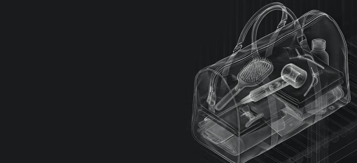 Техническое изображение аксессуаров, которые помещаются в дорожную сумку