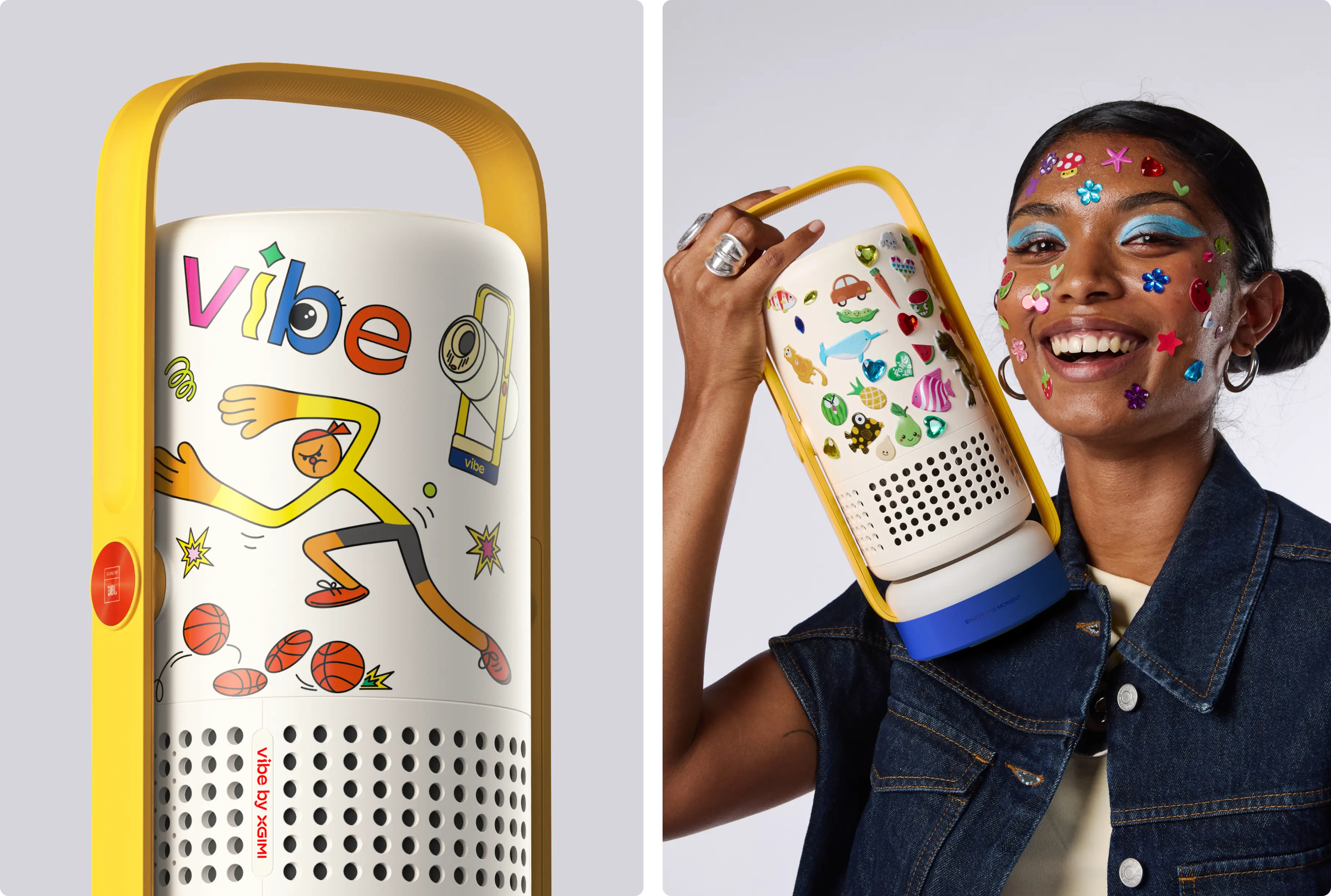 Vibe One personalizat cu stickere și o femeie care își decorează proiectorul