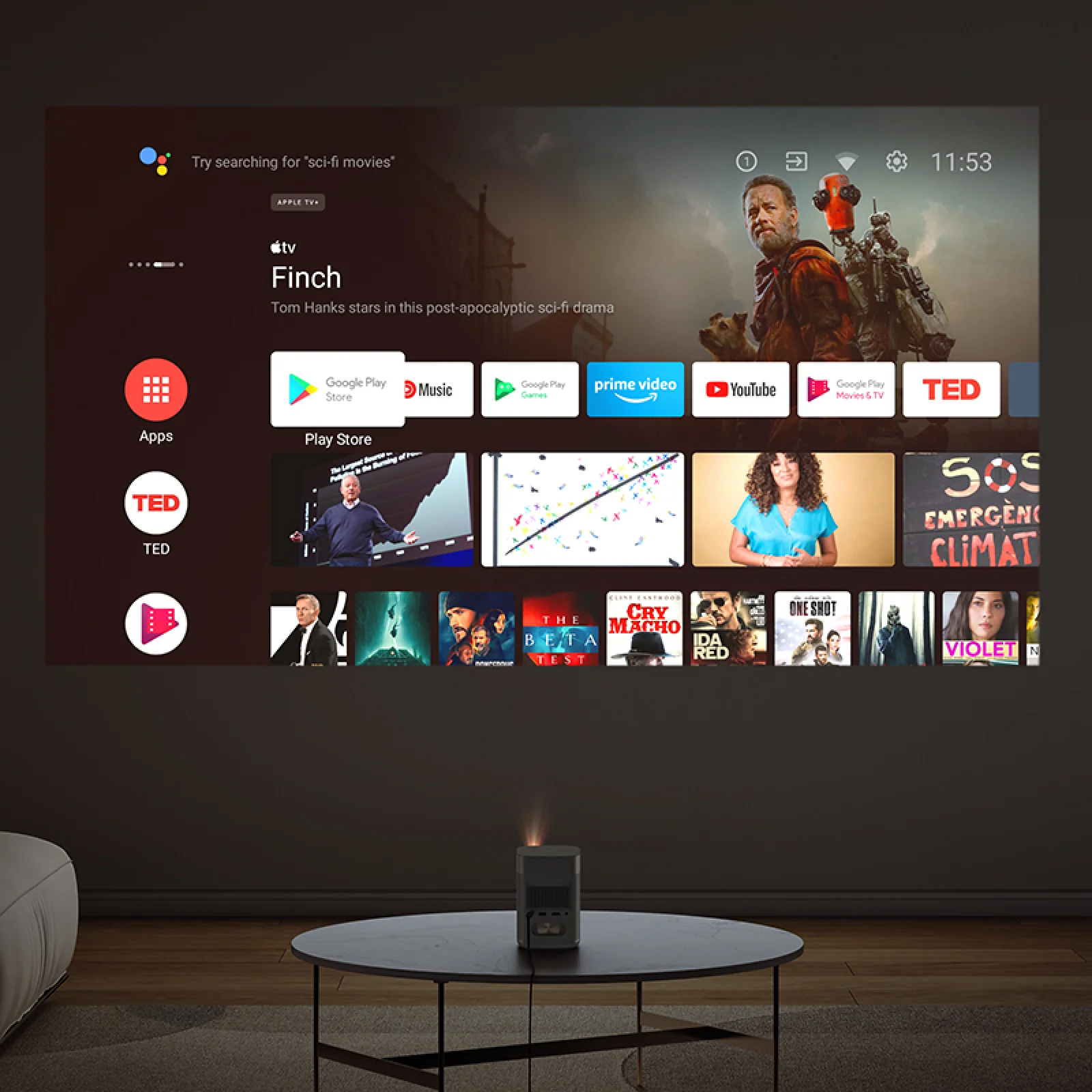 Interfața Android TV cu aplicații și recomandări de divertisment, proiectată de MoGo 2 Pro